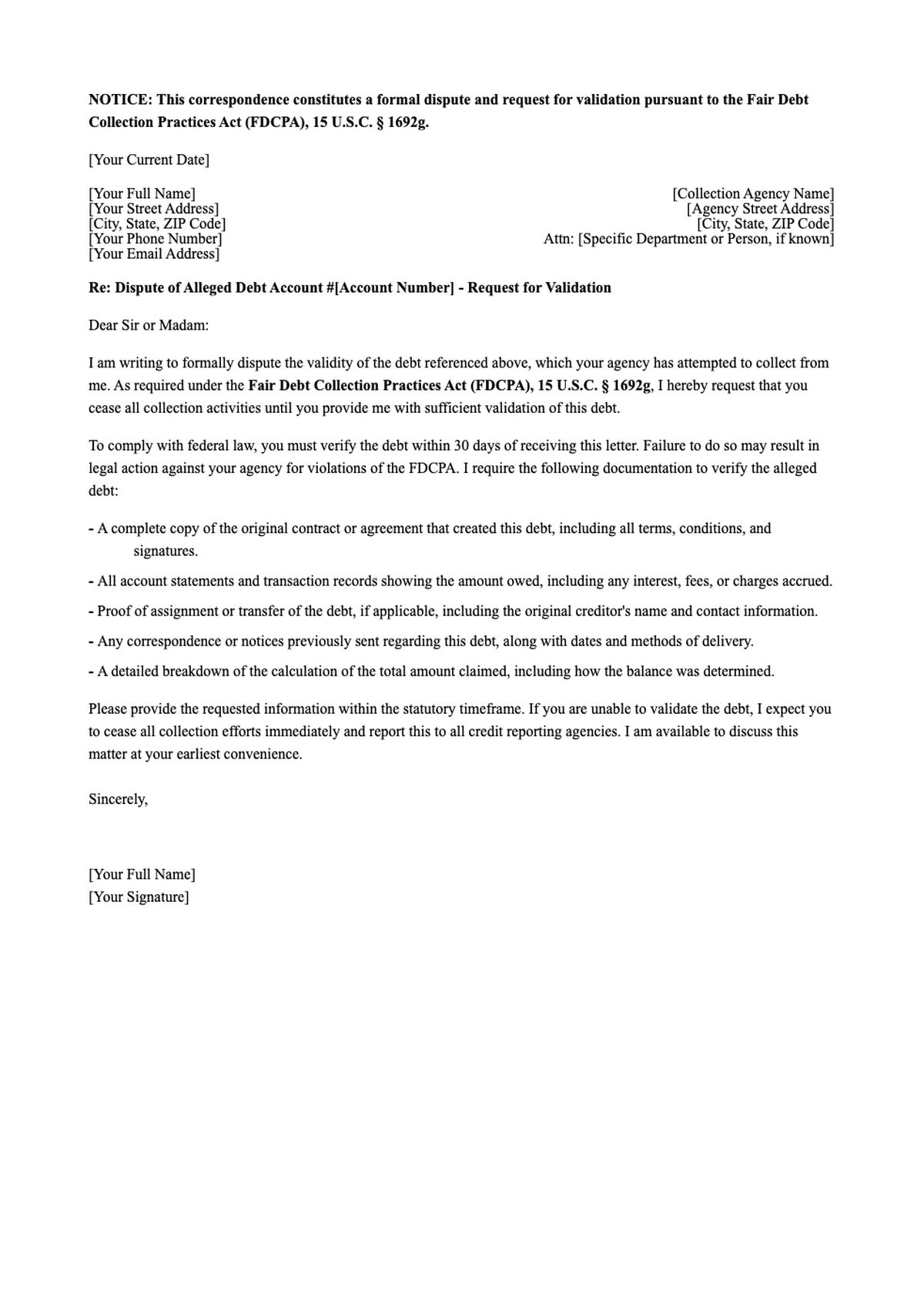 Legal debt validation request letter template under Fair Debt Collection Practices Act_variant_1